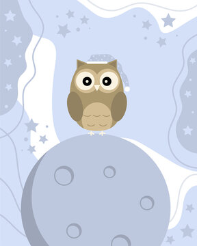 A cute owl is on the moon with a bed cap.