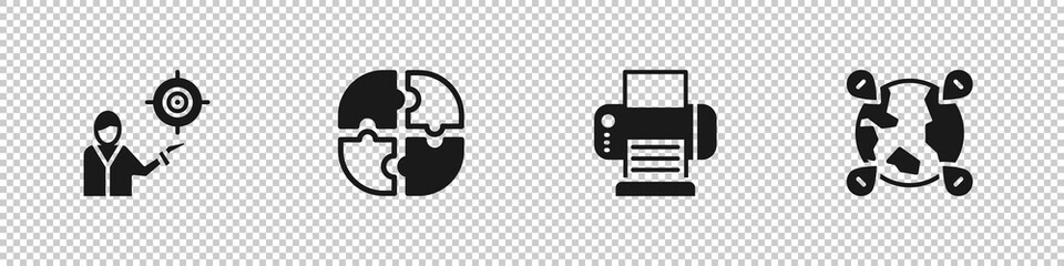 Set Marketing target strategy, Piece of puzzle, Printer and Location on the globe icon. Vector