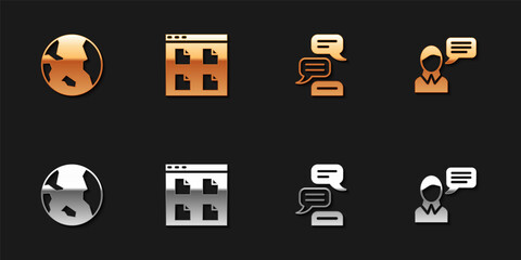 Set Earth globe, Browser files, Speech bubble chat and icon. Vector