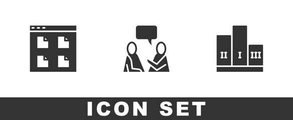 Set Browser files, Two sitting men talking and Award over winner podium icon. Vector