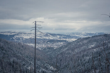 Zakopane town in the valley. The view from a hiking trail in Western Tatra Mountains, Poland. Winter in Podhale region. Selective focus on the ridge, blurred background.