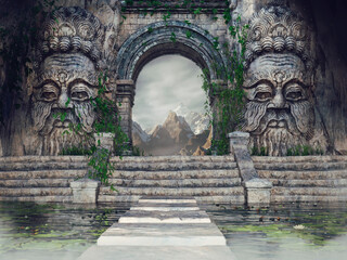 Oude tempel met stenen hoofden, trappen, een zwembad en groene klimop in de bergen. 3D render.