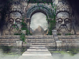Stickers pour porte Lieu de culte Ancien temple avec des têtes de pierre, des escaliers, une piscine et du lierre vert dans les montagnes. Rendu 3D.