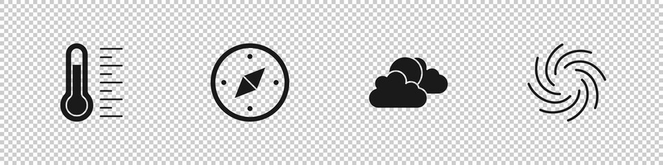 Set Meteorology thermometer, Compass, Sun and cloud weather and Tornado icon. Vector