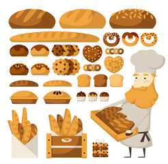 Set of bread products, bakery items, coffee shop elements and bakery showcase. Illustration for a bakery or cafe.