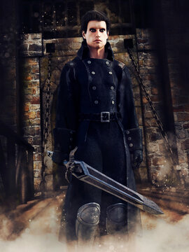 Fantasy Rogue Fighter With A Sword Standing In Front Of A Castle Gate. 3D Render - The Man In The Image Is A 3D Object.