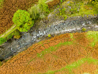 Aerial view of Stonethwaite Beck, a small river formed at the confluence of Langstrath Beck and Greenup Gill beneath Eagle Crag.