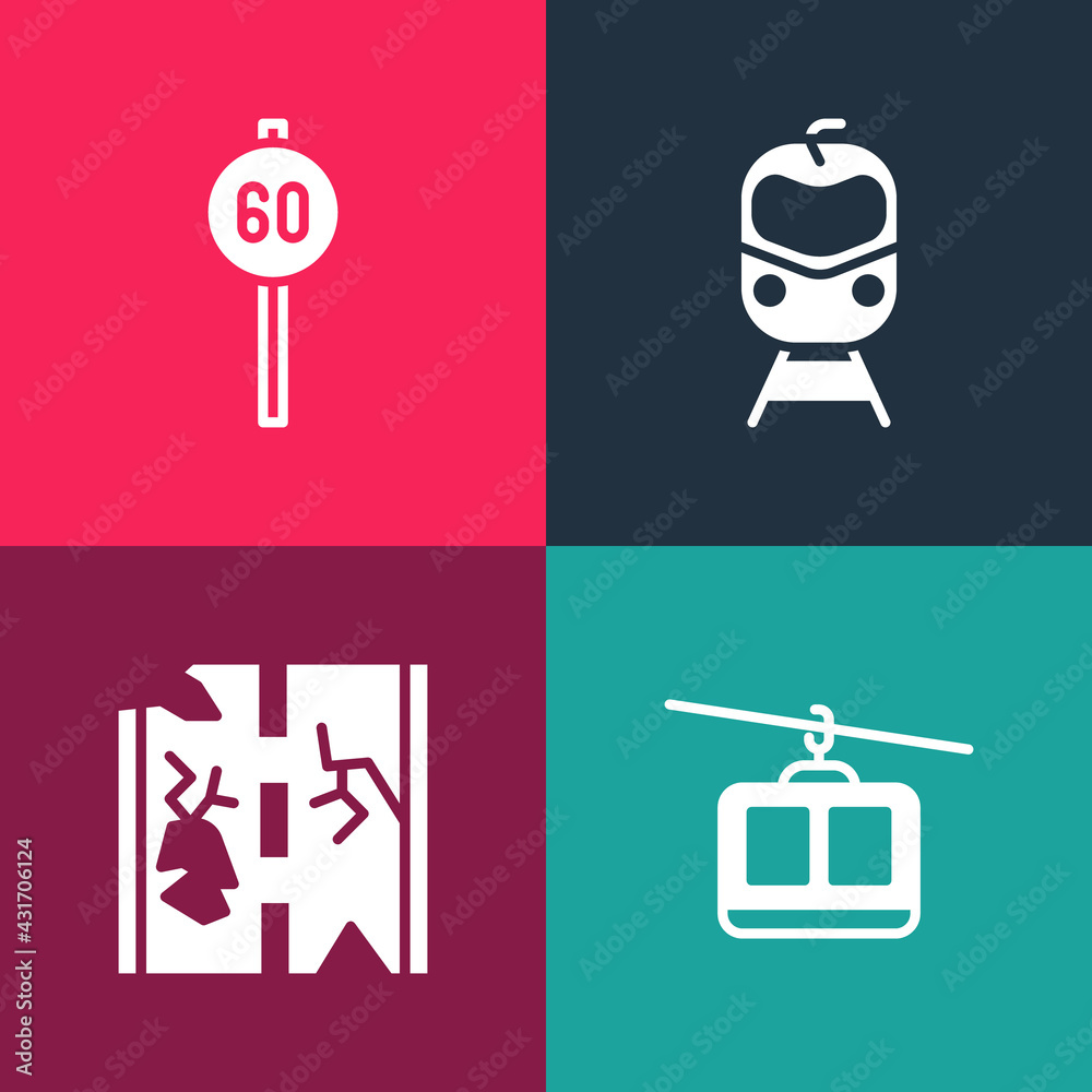 Canvas Prints set pop art cable car, broken road, train and railway and speed limit traffic icon. vector