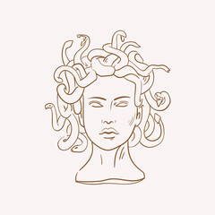 Linear drawings of heads of antique statues of the goddess and mythical god in the engraving style. Creative minimal linear woman vector with growing branch from her head.