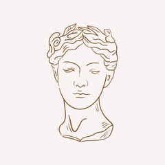 Linear drawings of heads of antique statues of the goddess and mythical god in the engraving style. Creative minimal linear woman vector with growing branch from her head.
