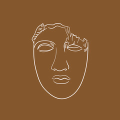Linear drawings of heads of antique statues of the goddess and mythical god in the engraving style. Creative minimal linear woman vector with growing branch from her head.