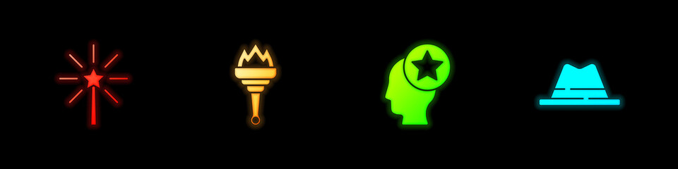 Set Firework, Torch flame, USA Head and Man hat with ribbon icon. Vector