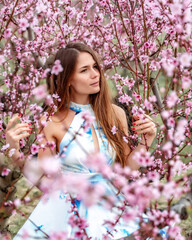 Fototapeta premium Smiling beautiful girl sitting on a blossoming peach tree in a white-blue dress, long hair. Happy face. Spring time.