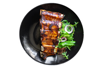 ribs meat bbq pork fried beef or lamb sauce hot spices meal snack copy space food background rustic top view