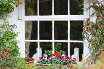 Fototapeta premium Houses of Stonethwaite village, beautifully decorated with flowers and greenery. Small village situated in the valley of the Stonethwaite Beck, Cumbria, UK.