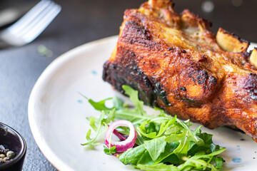 ribs meat bbq pork fried beef or lamb sauce hot spices meal snack copy space food background rustic top view