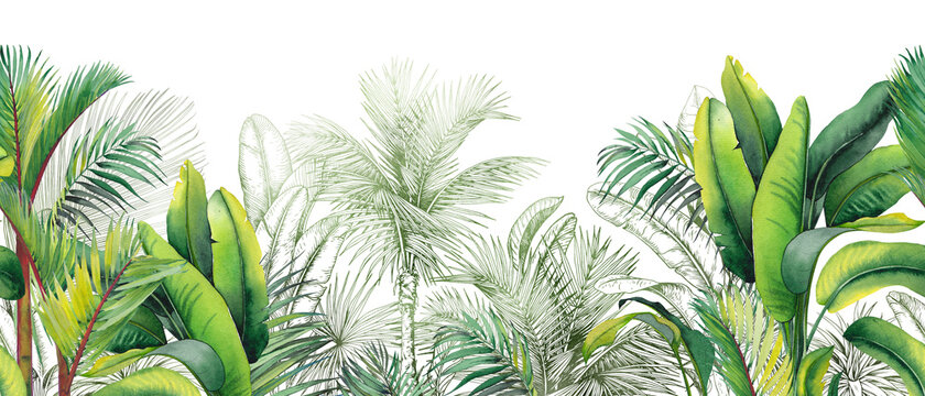 Seamless watercolor border with green tropical foliage. © JeannaDraw