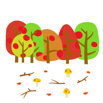 Autumn forest. Trees with crowns of different colors. Green, yellow and red leaves. Woodland. Decoration for background of children drawing. Flat cartoon