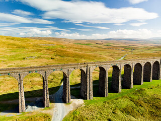 Fototapeta premium Aerial view of Ribblehead viaduct, located in North Yorkshire, the longest and the third tallest structure on the Settle-Carlisle line.