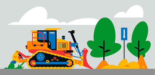Construction machinery works at the site. Construction machinery, bulldozer on the background of a landscape of trees, sand, road sign. Vector illustration isolated on background © kostymo