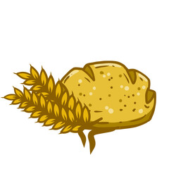 Ear of wheat and bread. The logo of the bakery. A natural product made from grain. Farm food. Cartoon illustration