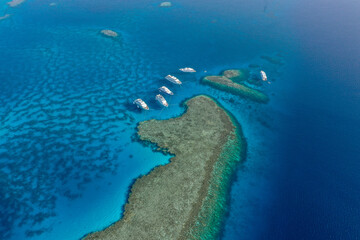 Aerial view: Luxury Yachts stay in Dolphin reef, the Red Sea, Egypt