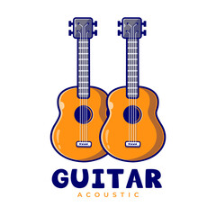 Guitars Acoustic Music Mascot Cartoon Logo Template. Guitar Classic Editable Logo. Music and Hobby Concept Flat Cartoon Style