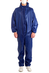 Naklejka premium Man wearing blue protective suit and mask isolated on white background