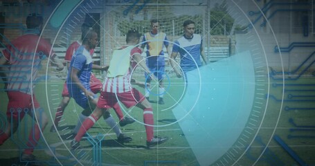 Microprocessor connections and scope scanning over two teams of male soccer players playing soccer - Powered by Adobe