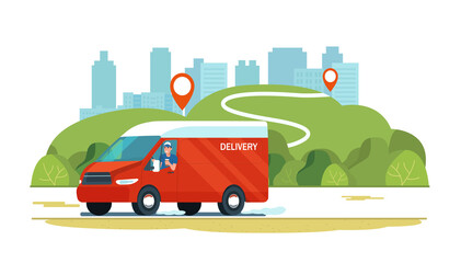 Fototapeta na wymiar Cargo van with driver on the road against the backdrop of a rural landscape. Vector flat style illustration.