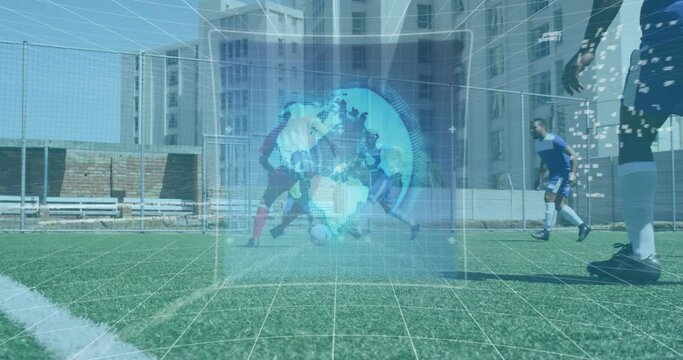 Digital interface with data processing against two team of male soccer players playing soccer