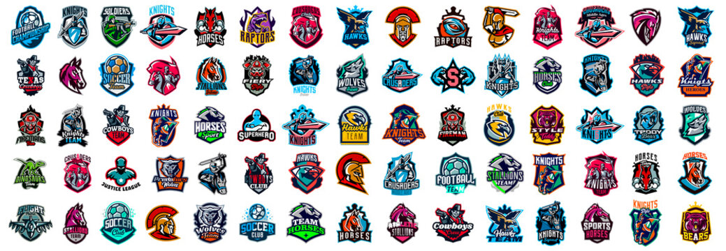 Huge set of colorful sports logos, emblems. Logos of knights, horses, soldier, dinosaur, soccer ball, cowboy, eagle, bear, wolf, superhero aircraft Vector illustration isolated on background