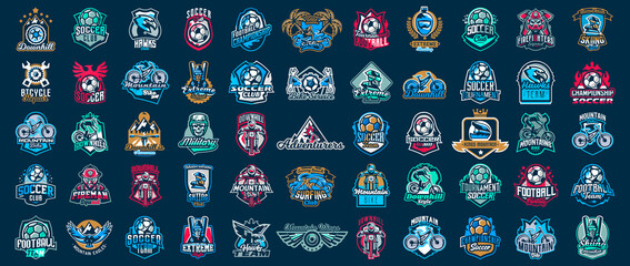 Huge set of colorful sports logos, emblems. Extreme and team sports logos. Mountain bike, surfing, soccer ball, skier, eagle, firefighter, skull. Vector illustration isolated on background.