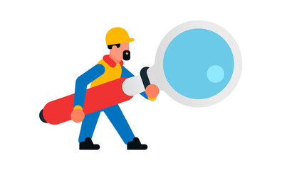 Worker holding a large magnifying glass. Builder with a magnifying glass. Search, research, study, increase, spy. Isolated vector illustration on white background.