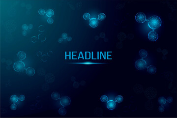 Fototapeta premium Water molecule abstract background. Wireframe low poly style. Science, biotechnology, chemistry, medical concept. Isolated on dark blue background. Vector illustration.