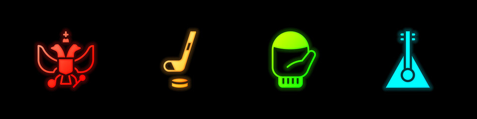 Set National emblem of Russia, Ice hockey stick and puck, Christmas mitten and Balalaika icon. Vector