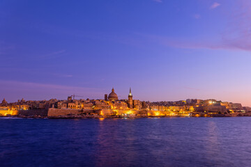 Fototapeta na wymiar Skyline Of Valletta City In Malta At Twilight