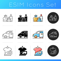 Hotel services icons set. Porter service for helping customers to transfer their bags. Car parking for visitors. Linear, black and RGB color styles. Isolated vector illustrations