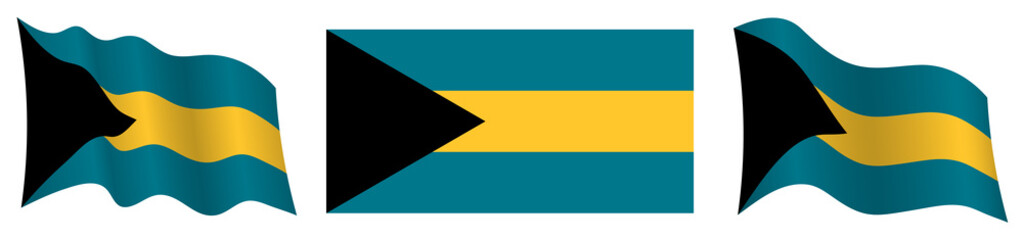 flag of Bahamas in static position and in motion, fluttering in wind in exact colors and sizes, on white background
