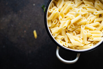 pasta penne main course italian cuisine durum wheat meal snack copy space food background rustic top view