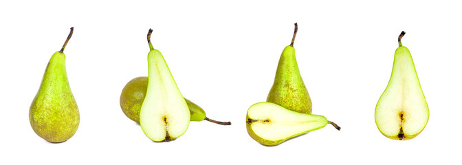 Fresh green organic whole pear close up set isolated on white background.