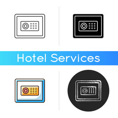 Safe icon. Store different amounts of cash and items you do not want anyone to see when you are traveling. Linear black and RGB color styles. Isolated vector illustrations