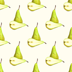 Green whole pear repeat seamless pattern on light background.