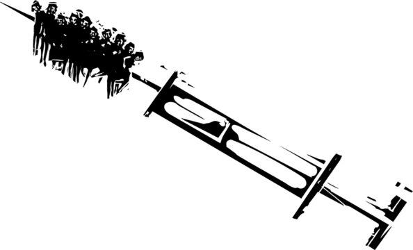 Woodcut expressionist style image of a syringe with people impaled on the needle. anti-vaccination or heroin addiction concept.
