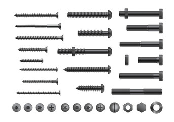 Realistic bolt, screw and nut collection. Metal nails, rivets head with washers. Repair set isolated - obrazy, fototapety, plakaty