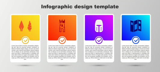 Set Stone age arrow head, Castle tower, Medieval iron helmet and Museum guide brochure. Business infographic template. Vector