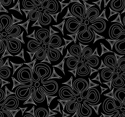 Beautiful black and white vector seamless pattern with hand drawn flowers and ornaments