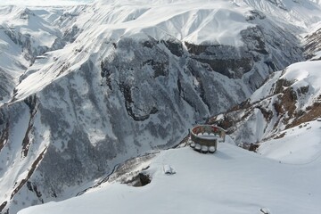 Caucasus mountains in the snow, aero view