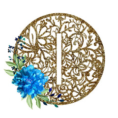 Lace circle golden letter I with blue flower peony and green leaves. Texture Monogram letter I. Printable design.