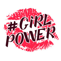 Girl power handwritten inscription on background with lipstick kiss. GRL PWR hand lettering. Feminist slogan. Empowering phrase, saying. Modern illustration for t-shirt, sweatshirt, or other apparel.